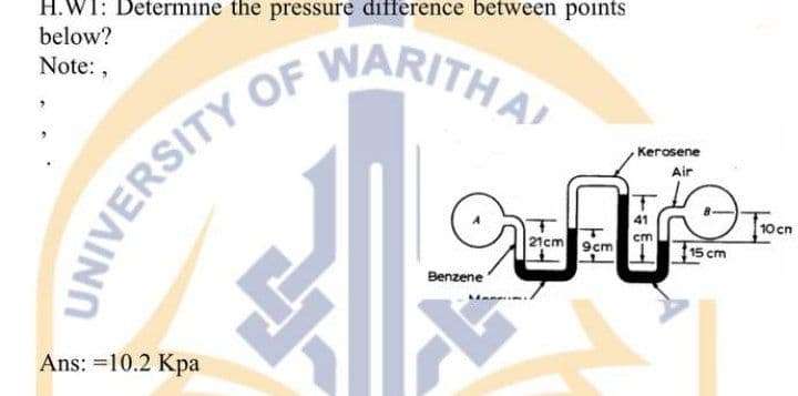 WARITHA
H.WI: Determine the pressure difference between points
below?
Note:,
,Kerosene
Air
41
10 cn
21cm
cm
9cm
15 cm
Benzene
Ans: =10.2 Kpa
UNIVERSITY
