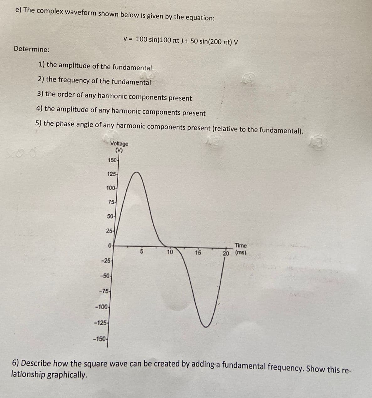 e) The complex waveform shown below is given by the equation:
Determine:
1) the amplitude of the fundamental
2) the frequency of the fundamental
3) the order of any harmonic components present
4) the amplitude of any harmonic components present
5) the phase angle of any harmonic components present (relative to the fundamental).
125-
Voltage
(V)
150-
100-
75-
50-
25-
0-
-25-
-50-
-75-
-150-
-100-
v = 100 sin(100 лt) + 50 sin(200 лt) V
-125-
10
15
Time
20 (ms)
6) Describe how the square wave can be created by adding a fundamental frequency. Show this re-
lationship graphically.