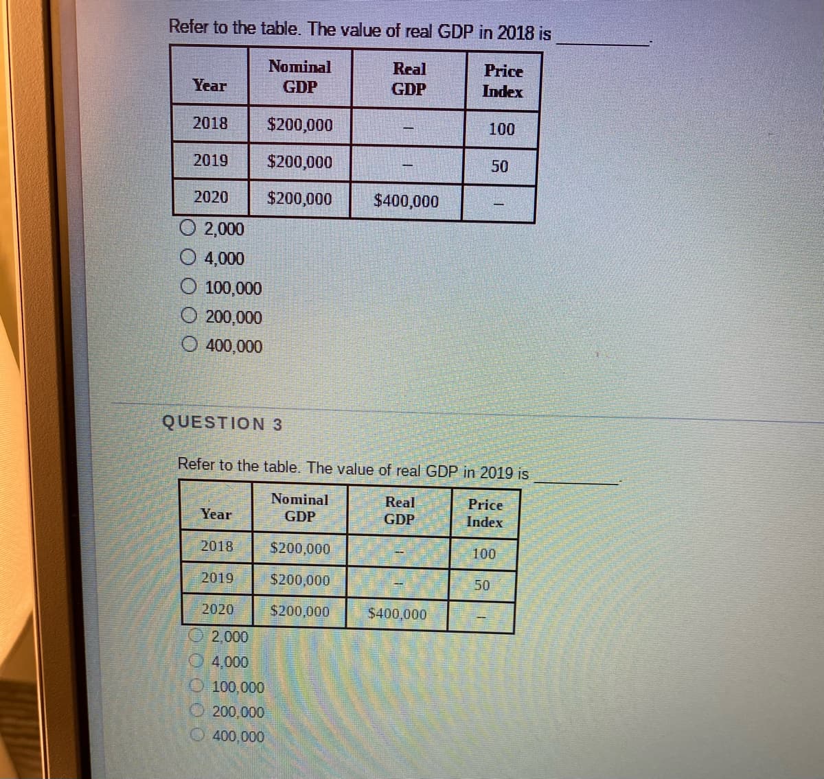 Refer to the table. The value of real GDP in 2018 is
Nominal
Real
Price
Year
GDP
GDP
Index
2018
$200,000
100
2019
$200,000
50
2020
$200,000
$400,000
O 2,000
O 4,000
100,000
O 200,000
O 400,000
QUESTION 3
Refer to the table. The value of real GDP in 2019 is
Nominal
Real
Price
Year
GDP
GDP
Index
2018
$200,000
100
2019
$200,000
50
2020
$200,000
$400,000
O2,000
O 4,000
100,000
200,000
O 400,000
