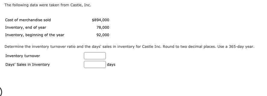 Cost of merchandise sold
Inventory, end of year
Inventory, beginning of the year
$894,000
78,000
92,000
Determine the inventory turnover ratio and the days' sales in inventory for Castle Inc. Round to two decimal places. Use a 365-day year.
Inventory turnover
Days' Sales in Inventory
days
