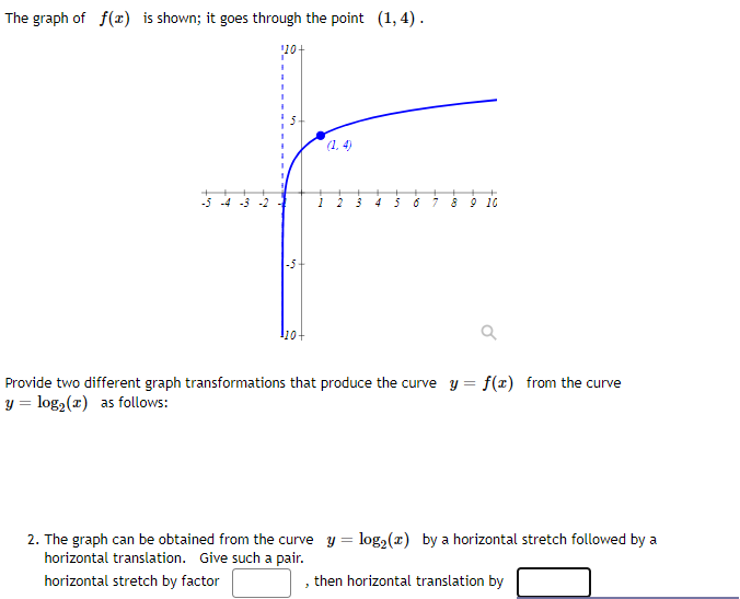 The graph of f(x) is shown; it goes through the point (1, 4) .
10-
(1. 4)
-5 -4 -3 -2
4
5
8 9 10
10-
Provide two different graph transformations that produce the curve y = f(x) from the curve
y = log2(x) as follows:
2. The graph can be obtained from the curve y = log,(r) by a horizontal stretch followed by a
horizontal translation. Give such a pair.
horizontal stretch by factor
then horizontal translation by
