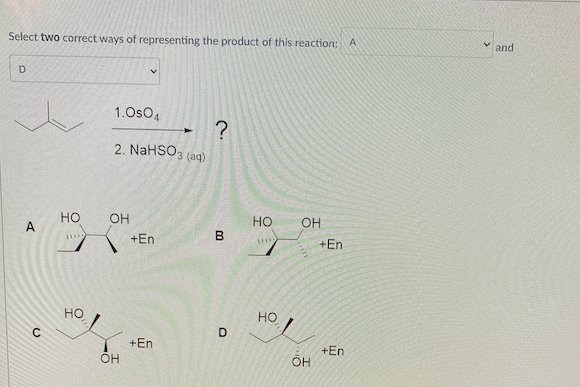 Select two correct ways of representing the product of this reaction; A
D
1.0504
?
2. NaHSO3 (aq)
OH
OH
A
с
HO
***
HO
OH
+En
+En
00
В
D
HO
Any
но,
OH
+En
+En
and