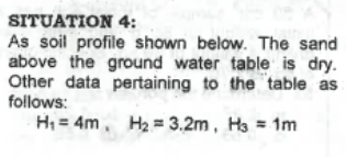 SITUATION 4:
As soil profile shown below. The sand
above the ground water table is dry.
Other data pertaining to the table as
follows:
H₁ 4m, H₂= 3.2m, H₂ = 1m