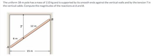 The uniform 18-m pole has a mass of 110 kg and is supported by its smooth ends against the vertical walls and by the tension Tin
the vertical cable. Compute the magnitudes of the reactions at A and B.
6 m
T
12 m
15 m
B