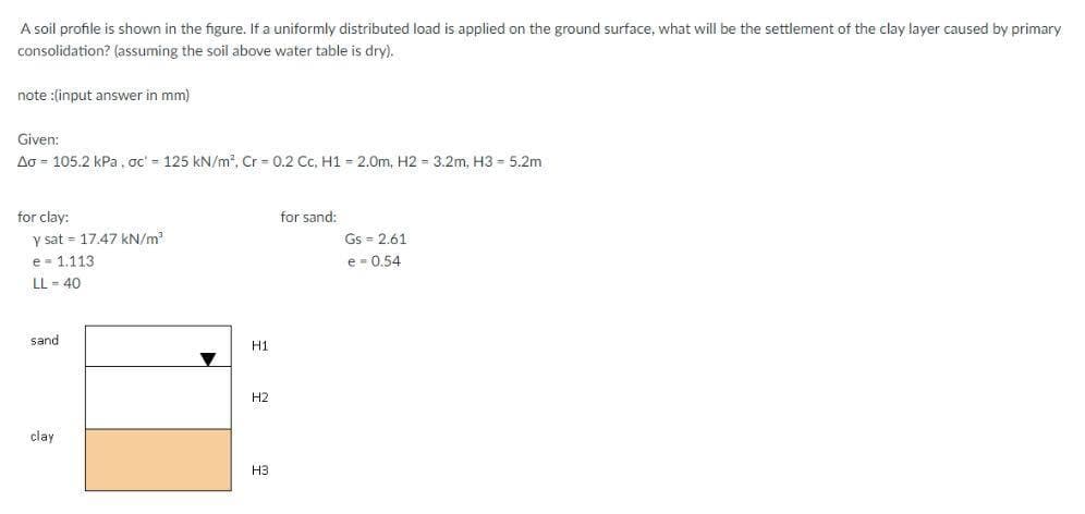 A soil profile is shown in the figure. If a uniformly distributed load is applied on the ground surface, what will be the settlement of the clay layer caused by primary
consolidation? (assuming the soil above water table is dry).
note :(input answer in mm)
Given:
Ao = 105.2 kPa , oc' = 125 kN/m?, Cr = 0.2 Cc, H1 = 2.0m, H2 = 3.2m, H3 = 5.2m
for clay:
for sand:
y sat = 17.47 kN/m2
Gs = 2.61
e- 1.113
e - 0,54
LL = 40
sand
H1
Н2
clay
H3
