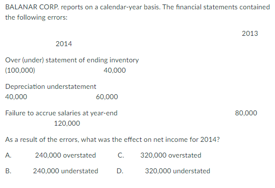 BALANAR CORP. reports on a calendar-year basis. The financial statements contained
the following errors:
2013
2014
Over (under) statement of ending inventory
(100,000)
40,000
Depreciation understatement
40,000
60,000
Failure to accrue salaries at year-end
80,000
120,000
As a result of the errors, what was the effect on net income for 2014?
А.
240,000 overstated
C.
320,000 overstated
В.
240,000 understated
D.
320,000 understated
