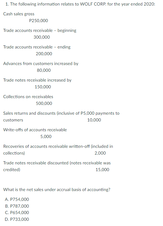 1. The following information relates to WOLF CORP. for the year ended 2020:
Cash sales gross
P250,000
Trade accounts receivable - beginning
300,000
Trade accounts receivable - ending
200,000
Advances from customers increased by
80,000
Trade notes receivable increased by
150,000
Collections on receivables
500,000
Sales returns and discounts (inclusive of P5,000 payments to
customers
10,000
Write-offs of accounts receivable
5,000
Recoveries of accounts receivable written-off (included in
collections)
2,000
Trade notes receivable discounted (notes receivable was
credited)
15,000
What is the net sales under accrual basis of accounting?
A. P754,000
B. P787,000
C. P654,000
D. P733,000
