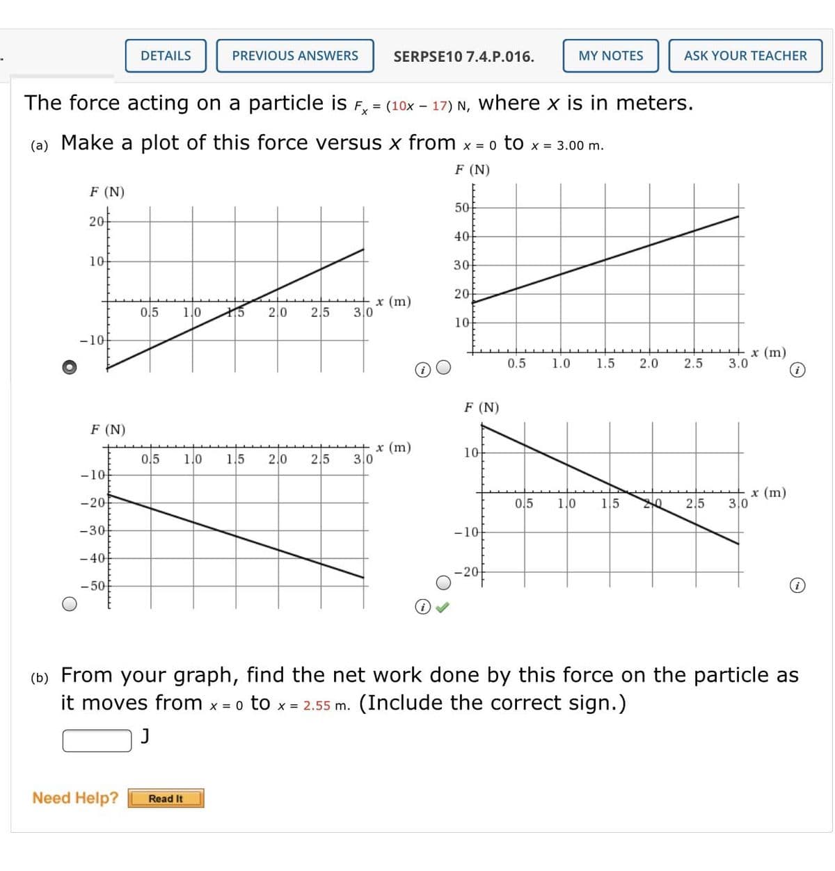 DETAILS
PREVIOUS ANSWERS
SERPSE10 7.4.P.016.
MY NOTES
ASK YOUR TEACHER
The force acting on a particle is F,
= (10x – 17) N, where x is in meters.
(a) Make a plot of this force versus x from x = 0 to x = 3.00 m.
F (N)
F (N)
50
20
40
10
3어
20
0,5
1.0
15
20
2,5
x (m)
30
10
-10
x (m)
3.0
0.5
1.0
1.5
2.0
2.5
F (N)
F (N)
0,5
1.0
+ x (m)
2,5
30
1아
1.5
2,0
-1어
2,5
x (m)
30
-20
0,5
1,0
15
-30
-10
- 40
-20
- 50
(b) From your graph, find the net work done by this force on the particle as
x = 0 to x = 2.55 m. (Include the correct sign.)
it moves from
Need Help?
Read It
