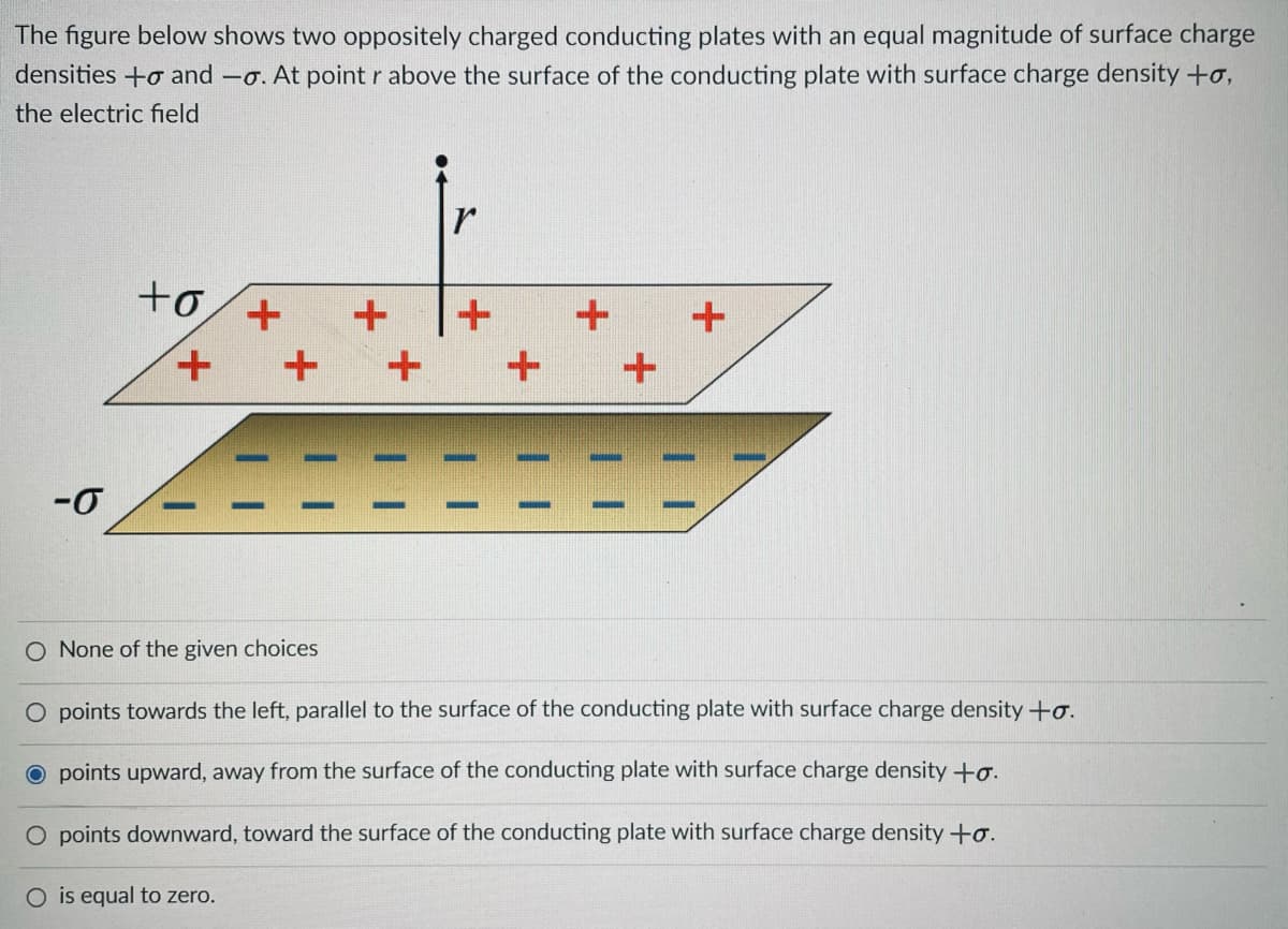 The figure below shows two oppositely charged conducting plates with an equal magnitude of surface charge
densities +o and -o. At pointr above the surface of the conducting plate with surface charge density +o,
the electric field
+o
+.
-0
O None of the given choices
O points towards the left, parallel to the surface of the conducting plate with surface charge density +o.
O points upward, away from the surface of the conducting plate with surface charge density +o.
O points downward, toward the surface of the conducting plate with surface charge density +o.
O is equal to zero.
