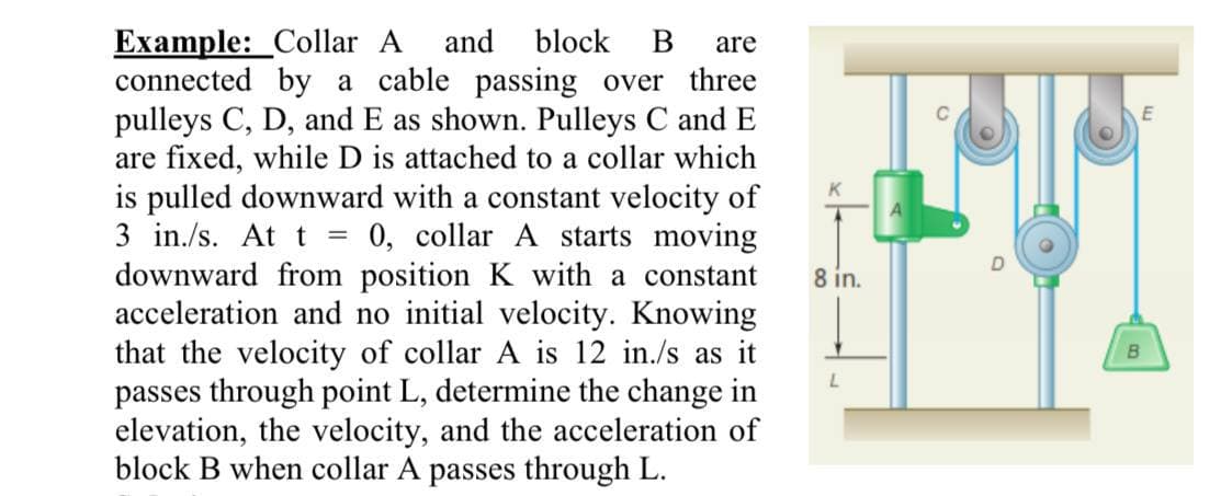 Example: Collar A and block B are
connected by a cable passing over three
pulleys C, D, and E as shown. Pulleys C and E
are fixed, while D is attached to a collar which
is pulled downward with a constant velocity of
3 in./s. At t = 0, collar A starts moving
downward from position K with a constant
acceleration and no initial velocity. Knowing
that the velocity of collar A is 12 in./s as it
passes through point L, determine the change in
elevation, the velocity, and the acceleration of
block B when collar A passes through L.
K
8 in.
L
A
E