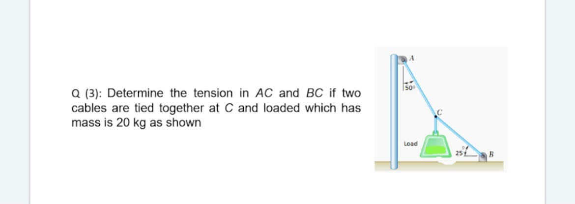 50
Q (3): Determine the tension in AC and BC if two
cables are tied together at C and loaded which has
mass is 20 kg as shown
Load
25
B
