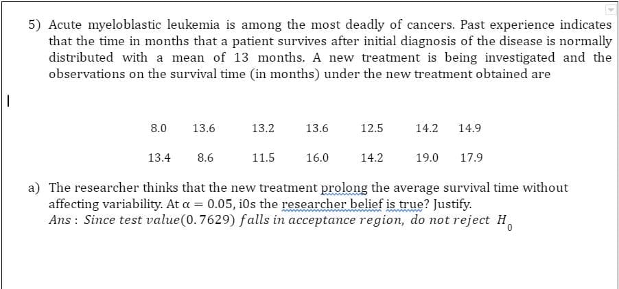 5) Acute myeloblastic leukemia is among the most deadly of cancers. Past experience indicates
that the time in months that a patient survives after initial diagnosis of the disease is normally
distributed with a mean of 13 months. A new treatment is being investigated and the
observations on the survival time (in months) under the new treatment obtained are
8.0
13.6
13.2
13.6
12.5
14.2
14.9
13.4
8.6
11.5
16.0
14.2
19.0
17.9
a) The researcher thinks that the new treatment prolong the average survival time without
affecting variability. At a = 0.05, i0s the researcher belief is true? Justify.
Ans : Since test value(0.7629) falls in acceptance region, do not reject H,
