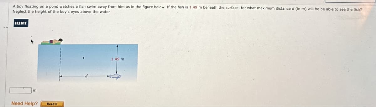 A boy floating on a pond watches a fish swim away from him as in the figure below. If the fish is 1.49 m beneath the surface, for what maximum distance d (in m) will he be able to see the fish?
Neglect the height of the boy's eyes above the water.
HINT
m
Need Help?
Read It
1.49 m