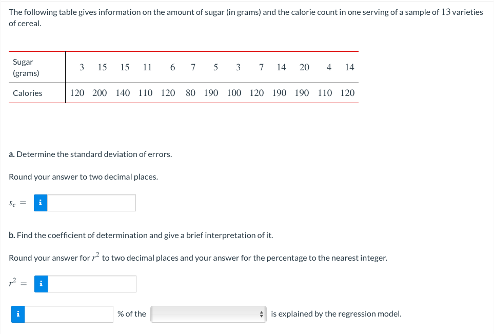 The following table gives information on the amount of sugar (in grams) and the calorie count in one serving of a sample of 13 varieties
of cereal.
Sugar
3 15
15
11
6
7
5
3
7
14
20
4
14
(grams)
Calories
120 200 140 110 120
80 190 100 120 190 190 110 120
a. Determine the standard deviation of errors.
Round your answer to two decimal places.
Se =
i
b. Find the coefficient of determination and give a brief interpretation of it.
Round your answer for r to two decimal places and your answer for the percentage to the nearest integer.
i
% of the
* is explained by the regression model.
