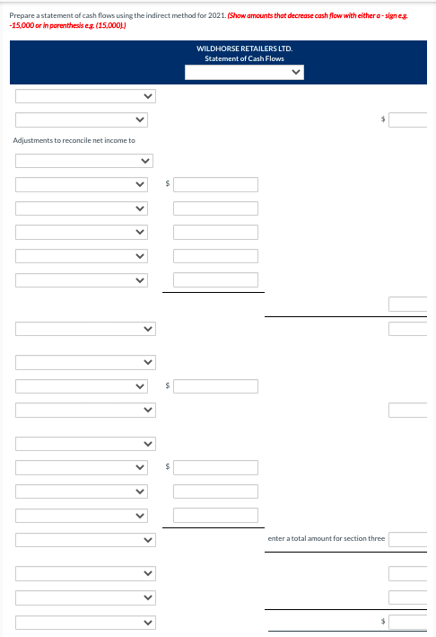 Prepare a statement of cash flows using the indirect method for 2021. (Show amounts that decrease cash flow with either a-sign eg.
-15,000 or in parenthesis eg. (15,000))
Adjustments to reconcile net income to
$
$
WILDHORSE RETAILERS LTD.
Statement of Cash Flows
enter a total amount for section three