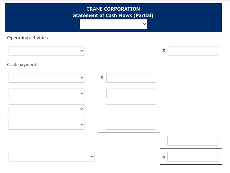 Operating activities
Cash payments
CRANE CORPORATION
Statement of Cash Flows (Partial)
<
<
<
LA
10
LA
$