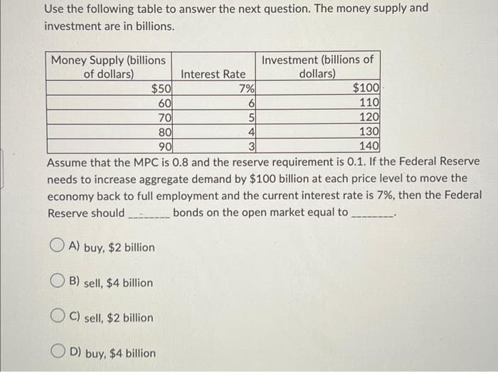 Use the following table to answer the next question. The money supply and
investment are in billions.
Money Supply (billions
of dollars)
A) buy, $2 billion
B) sell, $4 billion
OC) sell, $2 billion
Interest Rate
$50
7%
$100
60
6
110
70
5
120
80
4
130
90
3
140
Assume that the MPC is 0.8 and the reserve requirement is 0.1. If the Federal Reserve
needs to increase aggregate demand by $100 billion at each price level to move the
economy back to full employment and the current interest rate is 7%, then the Federal
Reserve should ______ bonds on the open market equal to
D) buy, $4 billion
Investment (billions of
dollars)