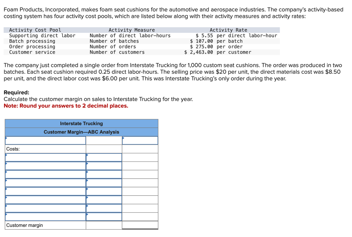 Foam Products, Incorporated, makes foam seat cushions for the automotive and aerospace industries. The company's activity-based
costing system has four activity cost pools, which are listed below along with their activity measures and activity rates:
Activity Cost Pool
Supporting direct labor
Batch processing
Order processing
Customer service
Activity Measure
Number of direct labor-hours
Number of batches
Number of orders
Number of customers
Costs:
The company just completed a single order from Interstate Trucking for 1,000 custom seat cushions. The order was produced in two
batches. Each seat cushion required 0.25 direct labor-hours. The selling price was $20 per unit, the direct materials cost was $8.50
per unit, and the direct labor cost was $6.00 per unit. This was Interstate Trucking's only order during the year.
Customer margin
Activity Rate
$5.55 per direct labor-hour
$107.00 per batch
Required:
Calculate the customer margin on sales to Interstate Trucking for the year.
Note: Round your answers to 2 decimal places.
$ 275.00 per order
$ 2,463.00 per customer
Interstate Trucking
Customer Margin-ABC Analysis