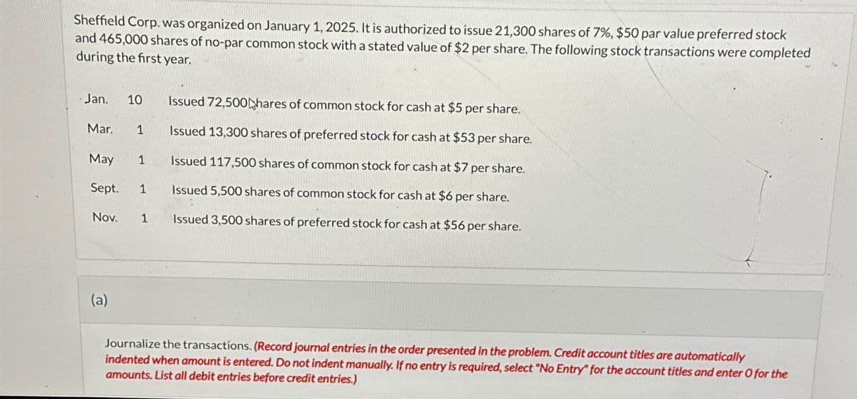 Sheffield Corp. was organized on January 1, 2025. It is authorized to issue 21,300 shares of 7%, $50 par value preferred stock
and 465,000 shares of no-par common stock with a stated value of $2 per share. The following stock transactions were completed
during the first year.
Jan. 10 Issued 72,500hares of common stock for cash at $5 per share.
Issued 13,300 shares of preferred stock for cash at $53 per share.
Issued 117,500 shares of common stock for cash at $7 per share.
Issued 5,500 shares of common stock for cash at $6 per share.
Issued 3,500 shares of preferred stock for cash at $56 per share.
Mar.
1
May
Sept. 1
Nov. 1
(a)
1
Journalize the transactions. (Record journal entries in the order presented in the problem. Credit account titles are automatically
indented when amount is entered. Do not indent manually. If no entry is required, select "No Entry" for the account titles and enter O for the
amounts. List all debit entries before credit entries.)