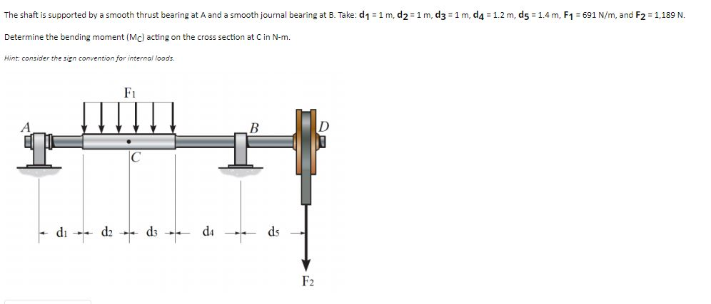 The shaft is supported by a smooth thrust bearing at A and a smooth journal bearing at B. Take: d1 = 1 m, d2 =1 m, d3 = 1 m, d4 = 1.2 m, d5 = 1.4 m, F1 = 691 N/m, and F2 = 1,189 N.
Determine the bending moment (Mc) acting on the cross section at C in N-m.
Hint: consider the sign convention for internal loods.
F1
В
+ di
d2
d3
d4
ds
F2
