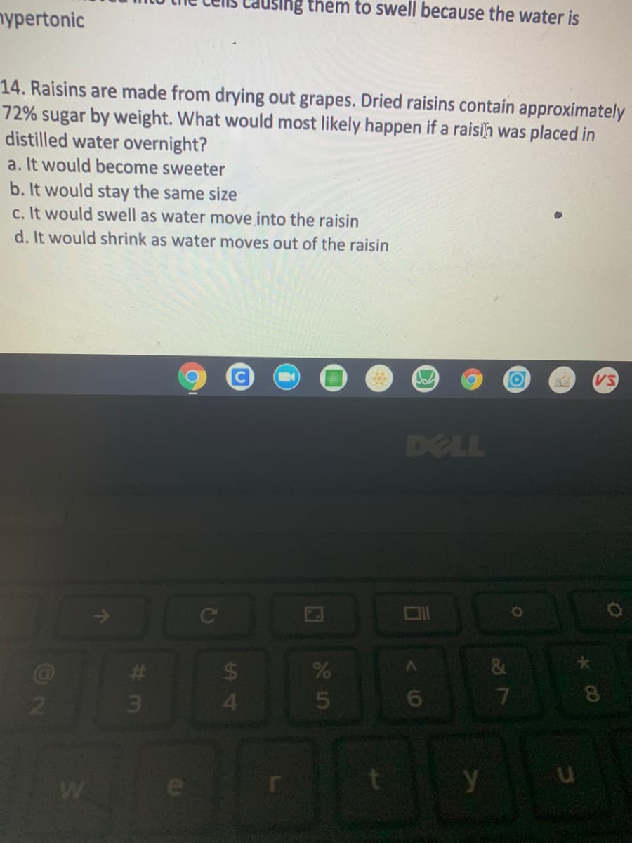 ng them to swell because the water is
nypertonic
14. Raisins are made from drying out grapes. Dried raisins contain approximately
72% sugar by weight. What would most likely happen if a raisih was placed in
distilled water overnight?
a. It would become sweeter
b. It would stay the same size
c. It would swell as water move into the raisin
d. It would shrink as water moves out of the raisin
DELL
&
23
24
7
8.
2
3
%S4
