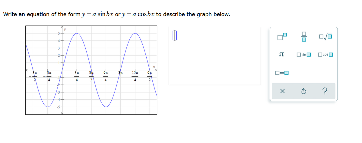 Write an equation of the form y = a sinbx or y =a cosbx to describe the graph below.
MAL
4+
OsinO
3
15.
9
D=0
4
4
2
4
4
2
?
