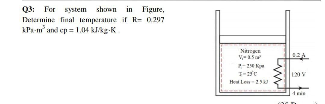 Q3: For
system
shown
in Figure,
Determine final temperature if R= 0.297
kPa-m and
= 1.04 kJ/kg-K.
Nitrogen
V=0.5 m3
0.2A
P= 250 Kpa
T;= 25°C
120 V
Heat Loss = 2.5 kJ
4 min
