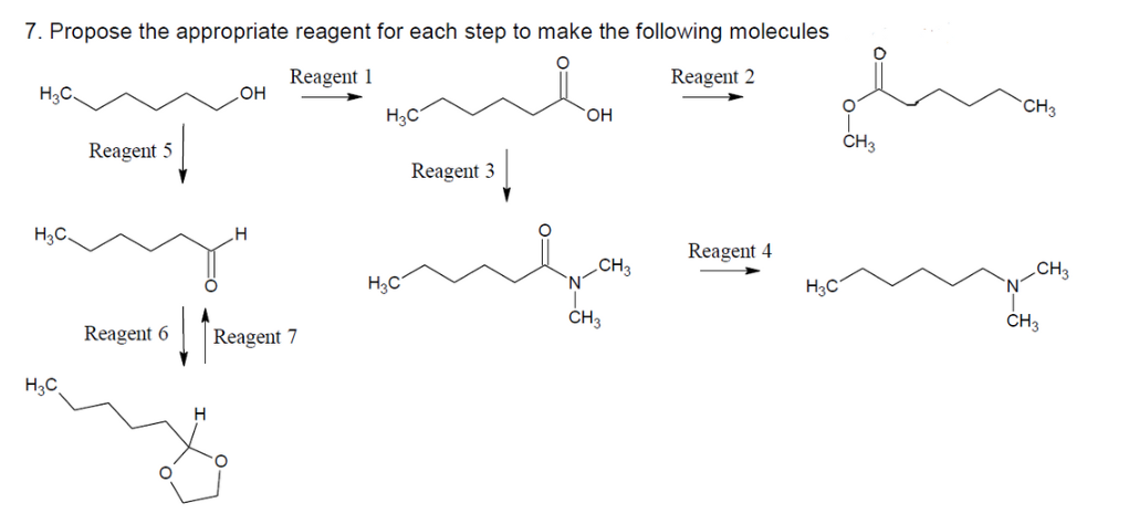 7. Propose the appropriate reagent for each step to make the following molecules
Reagent 1
Reagent 2
H3C
H3C.
H3C
Reagent 5
Reagent 6
H
OH
H
Reagent 7
H3C
H₂C
Reagent 3
OH
CH3
CH3
Reagent 4
H3C
CH3
CH 3
CH3
CH3