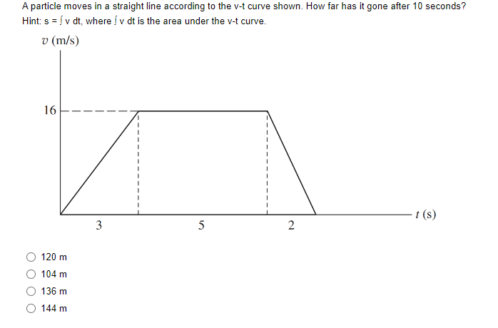 A particle moves in a straight line according to the v-t curve shown. How far has it gone after 10 seconds?
Hint: s = [ v dt, where I v dt is the area under the v-t curve.
v (m/s)
16
120 m
104 m
136 m
144 m
3
5
2
t (s)