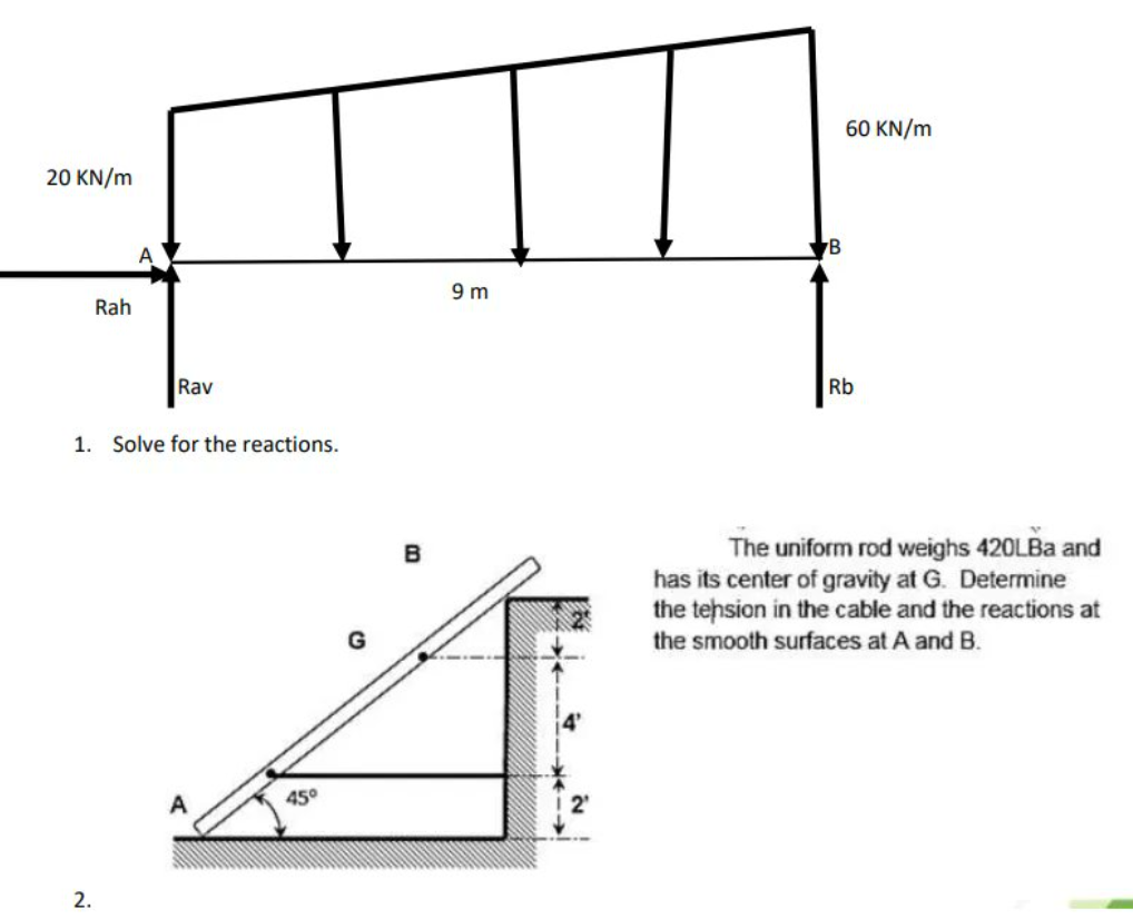 20 KN/m
Rah
2.
Rav
1. Solve for the reactions.
45°
B
9m
2₁
B
60 KN/m
Rb
The uniform rod weighs 420LBa and
has its center of gravity at G. Determine
the tension in the cable and the reactions at
the smooth surfaces at A and B.