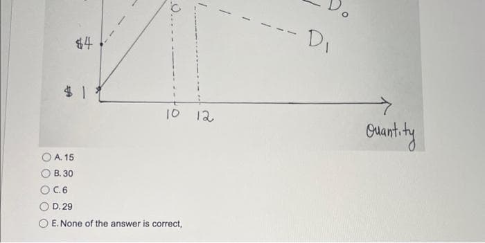 $4
$1$
10
A. 15
B. 30
C.6
D.29
O E. None of the answer is correct,
12
- Di
Quantity