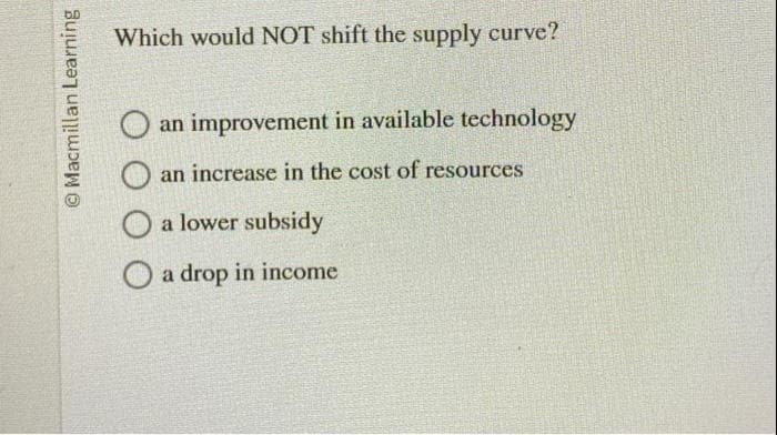 O Macmillan Learning
Which would NOT shift the supply curve?
an improvement in available technology
an increase in the cost of resources
O a lower subsidy
O a drop in income