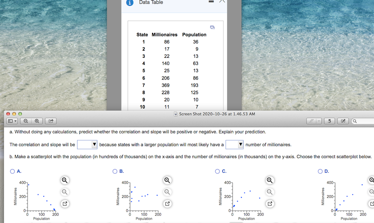 Data Table
State Millionaires Population
1
86
36
2
17
9
3
22
13
4
140
63
5
25
13
6
206
86
7
369
193
8
228
125
9
20
10
10
11
7
A Screen Shot 2020-10-26 at 1.46.53 AM
5
a. Without doing any calculations, predict whether the correlation and slope will be positive or negative. Explain your prediction.
The correlation and slope will be
because states with a larger population will most likely have a
number of millionaires.
b. Make a scatterplot with the population (in hundreds of thousands) on the x-axis and the number of millionaires (in thousands) on the y-axis. Choose the correct scatterplot below.
A.
OB.
Oc.
D.
400
400-
400-
400-
200-
200어.
200어
200어
0+
200
100
200
100
200
100
200
Population
100
Population
Population
Ροpulation
Millionaires
Millionaires
Millionaires
Millionaires
