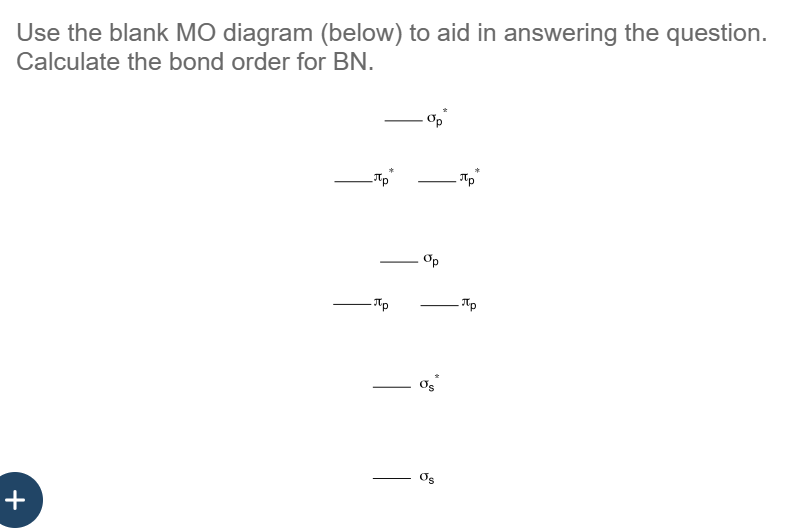 Use the blank MO diagram (below) to aid in answering the question.
Calculate the bond order for BN.
+
лp
-лp
op
Op
лp
Ap