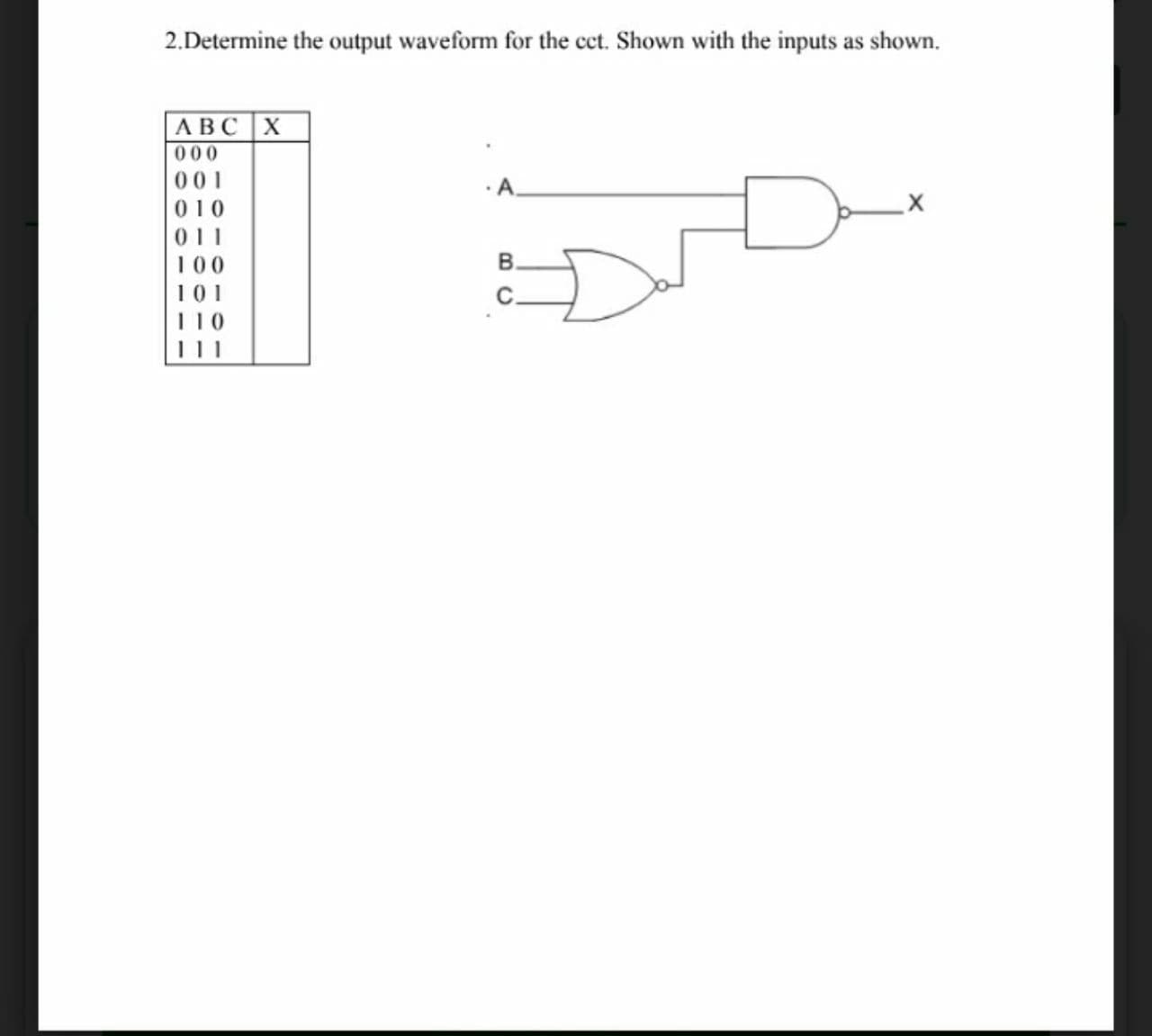 2.Determine the output waveform for the cet. Shown with the inputs as shown.
ABC X
000
001
·A
010
011
100
В.
101
C-
110
111
