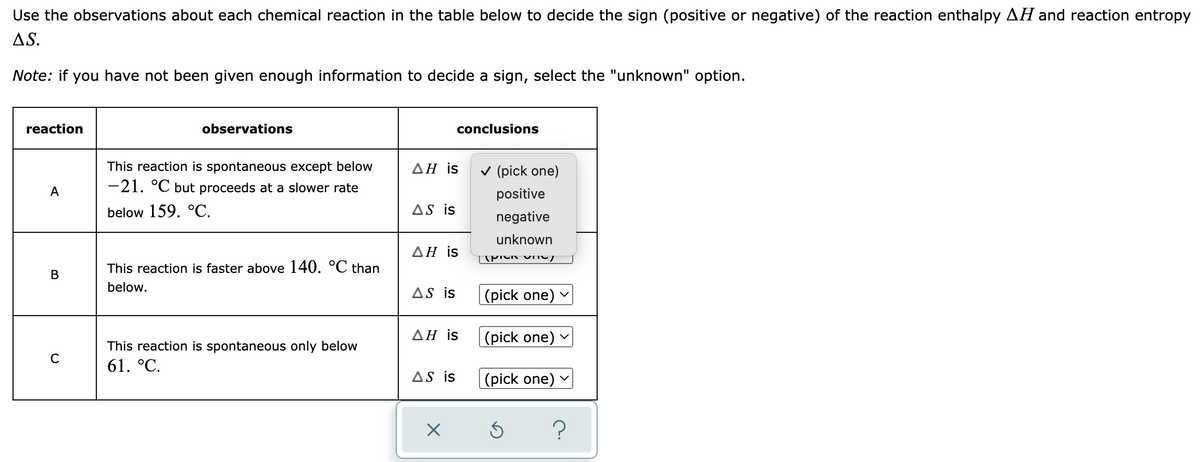 Use the observations about each chemical reaction in the table below to decide the sign (positive or negative) of the reaction enthalpy AH and reaction entropy
AS.
Note: if you have not been given enough information to decide a sign, select the "unknown" option.
reaction
observations
conclusions
AH is
A
This reaction is spontaneous except below
-21. °℃ but proceeds at a slower rate
below 159. °C.
AS is
ΔΗ is
B
This reaction is faster above 140. °℃ than
below.
AS is
ΔΗ is
C
This reaction is spontaneous only below
61. °C.
AS is
X
✓ (pick one)
positive
negative
unknown
(PIV VTIV)
(pick one)
(pick one)
(pick one)
?