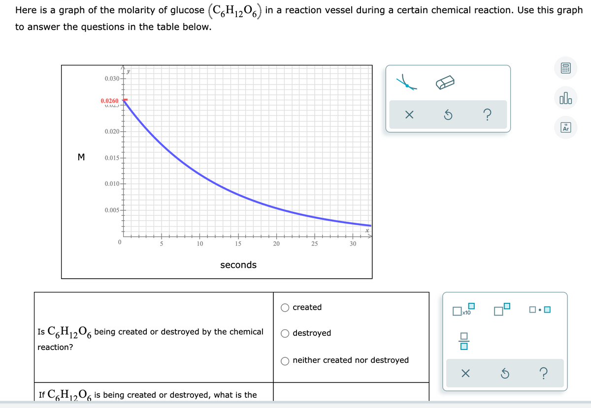 Here is a graph of the molarity of glucose (C,H,,O6) in a reaction vessel during a certain chemical reaction. Use this graph
12
to answer the questions in the table below.
0.030-
olo
0.0260,
?
Ar
0.020-
M
0.015-
0.010-
0.005
10
15
20
25
30
seconds
created
|x10
Is C6H1206 being created or destroyed by the chemical
9.
destroyed
reaction?
neither created nor destroyed
If CH,,06 is being created or destroyed, what is the
12
9.
