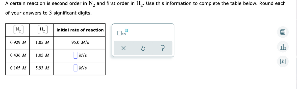 A certain reaction is second order in N, and first order in H,. Use this information to complete the table below. Round each
of your answers to 3 significant digits.
[N]
H,]
initial rate of reaction
x10
0.929 M
1.05 M
95.0 M/s
olo
0.436 M
1.05 M
|M/s
Ar
0.165 M
5.93 М
||M/s
