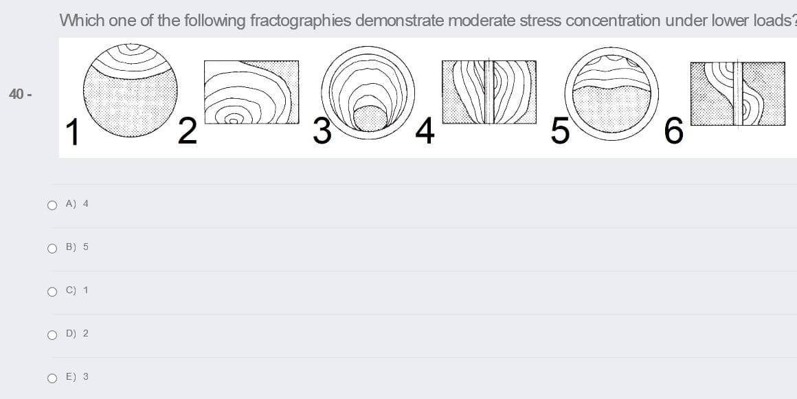 Which one of the following fractographies demonstrate moderate stress concentration under lower loads?
40 -
1
3
4
6
O A) 4
O B) 5
O C) 1
O D) 2
O E) 3
