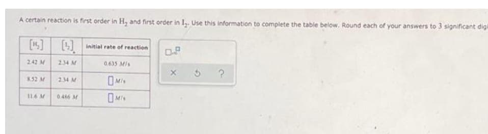 A certain reaction is first order in H, and first order in I. Use this information to complete the table below. Round each of your answers to 3 significant digi
[1]
initial rate of reaction
242 M
234 M
0.635 M/s
8.52 M
234 M
11.6 M
046 M
