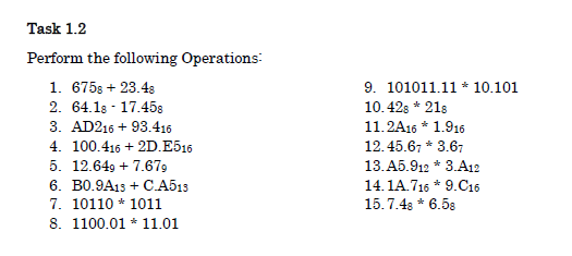 Task 1.2
Perform the following Operations:
1. 6758 +23.48
2. 64.18 17.458
3. AD216 + 93.416
4. 100.416 + 2D.E516
5. 12.649 + 7.679
6. B0.9A13+ C.A513
7. 10110 1011
8. 1100.01 11.01
*
9. 101011.11 * 10.101
10.428 * 21s
11.2A16 * 1.916
12.45.67 * 3.67
13.A5.912 * 3.A12
14.1A.716 * 9.C16
15.7.48 * 6.58