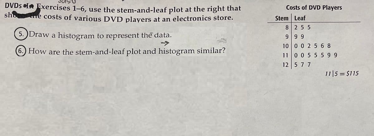 DVDS IA Exercises 1-6, use the stem-and-leaf plot at the right thất
sho e costs of various DVD plavers at an electronics store.
Costs of DVD Players
Stem Leaf
8255
(5. Draw a histogram to represent the data.
99 9
->
10 0 0 2 5 6 8
How are the stem-and-leaf plot and histogram similar?
0 0 55 59 9
11
12 5 77
115 = $115
