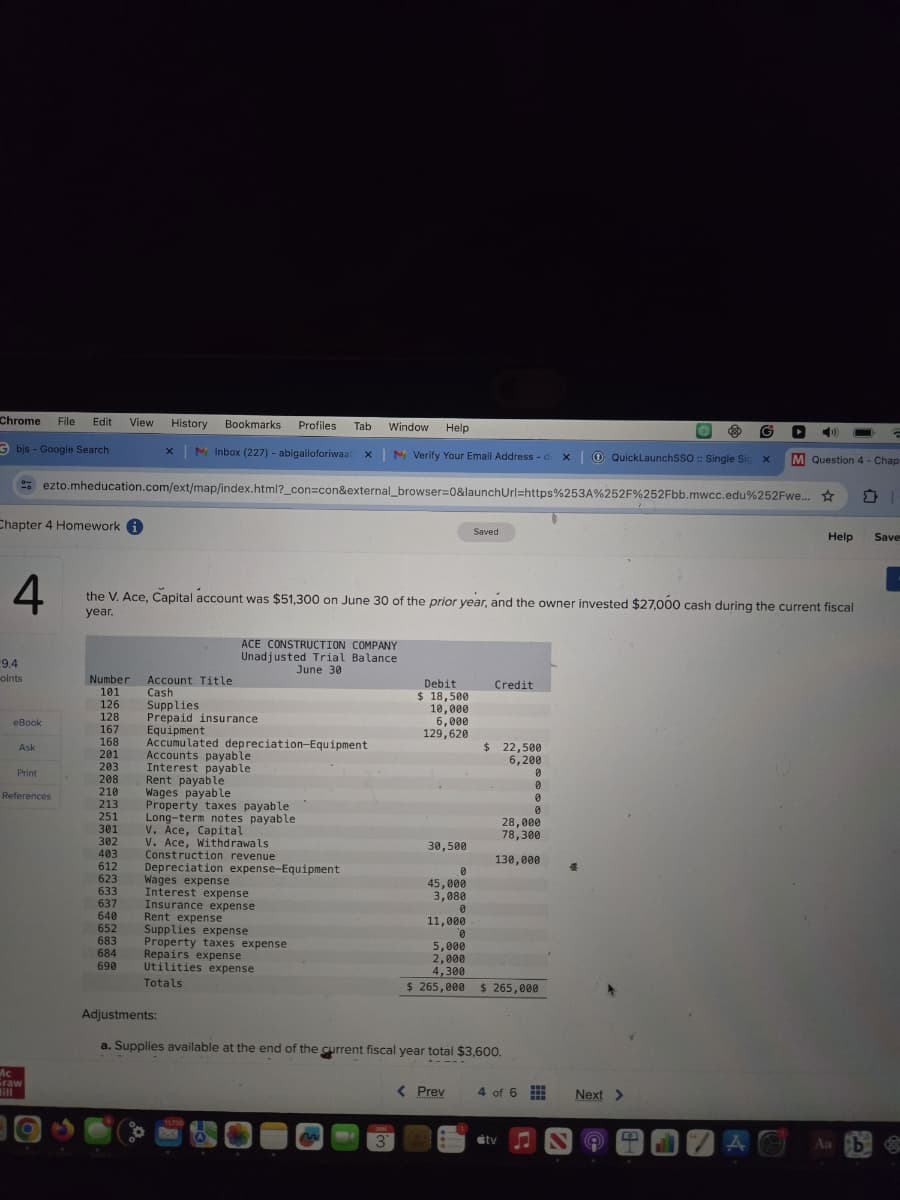 Chrome File Edit View
History
bjs - Google Search
x
Bookmarks
Profiles Tab Window Help
Inbox (227) - abigailoforiwaax | M Verify Your Email Address - d
QuickLaunchSSO :: Single Sig X
M Question 4 - Chap
ezto.mheducation.com/ext/map/index.html?_con=con&external_browser=0&launchUrl=https%253A%252F%252Fbb.mwcc.edu%252Fwe...
一口
Chapter 4 Homework i
Saved
Help Save
4
the V. Ace, Capital account was $51,300 on June 30 of the prior year, and the owner invested $27,000 cash during the current fiscal
year.
ACE CONSTRUCTION COMPANY
Unadjusted Trial Balance
June 30
19.4
oints
Number
Account Title
101
Cash
126
Supplies
128
Prepaid insurance
eBook
167
168
Ask
201
Equipment
Accumulated depreciation-Equipment
Accounts payable
203
Interest payable
Print
208
Rent payable
210
References
Wages payable
213
251
301
V. Ace, Capital
302
V. Ace, Withdrawals
403
612
Property taxes payable
Long-term notes payable
Construction revenue
Depreciation expense-Equipment
623
Wages expense
633
Interest expense
637
Insurance expense
640
Rent expense
652
Supplies expense
683
Property taxes expense
684
Repairs expense
690
Utilities expense
Totals
Mc
Graw
Debit
$ 18,500
10,000
6,000
129,620
Credit
$ 22,500
6,200
0
0
0
0
28,000
78,300
30,500
130,000
0
45,000
3,080
0
11,000
0
5,000
2,000
4,300
$ 265,000
$ 265,000
Adjustments:
a. Supplies available at the end of the current fiscal year total $3,600.
11750
JUN
3
< Prev
4 of 6
Next >
tv
A
Aa b