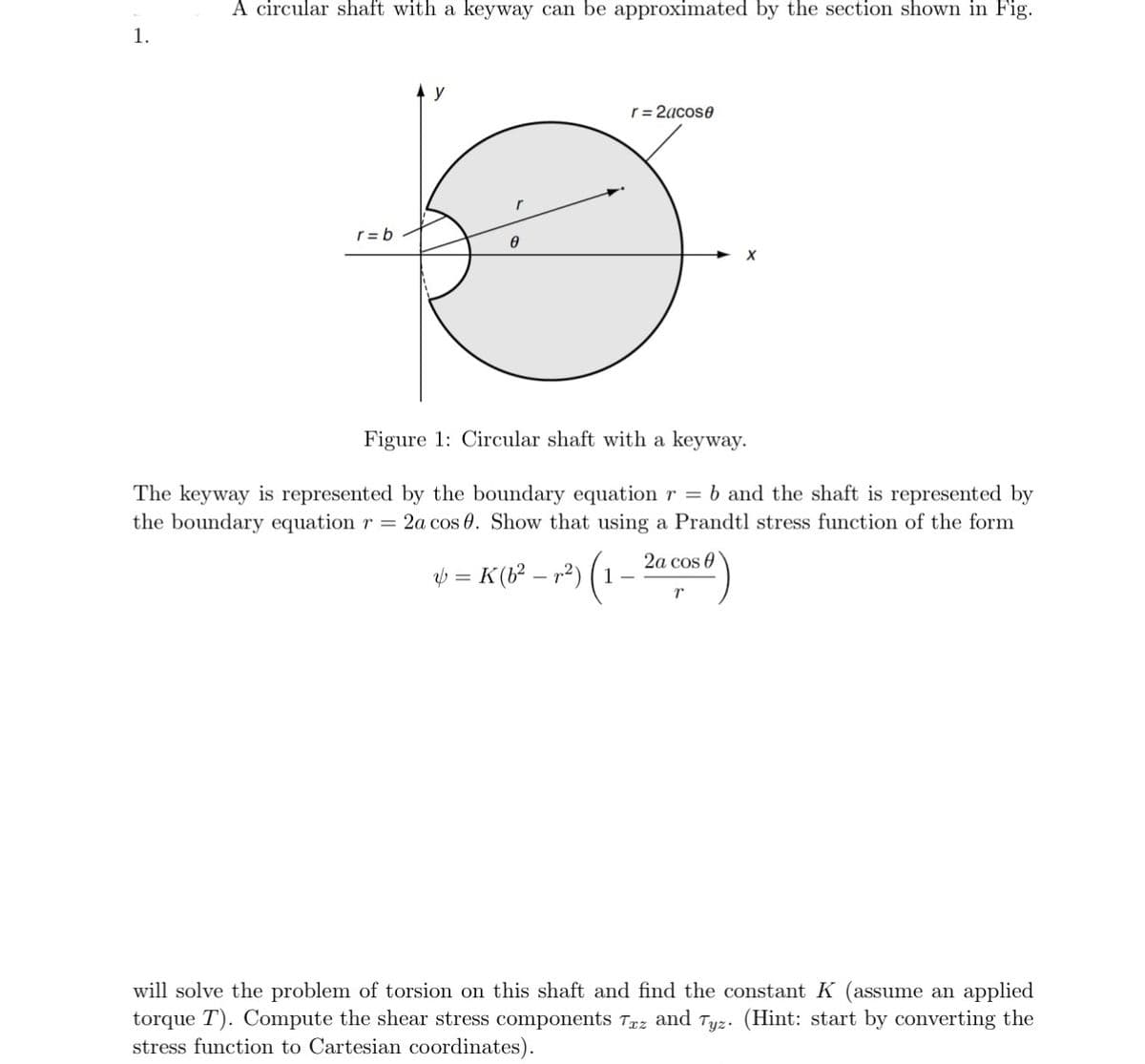 1.
A circular shaft with a keyway can be approximated by the section shown in Fig.
r=b
Ay
r
r=2acose
Figure 1: Circular shaft with a keyway.
The keyway is represented by the boundary equation r = b and the shaft is represented by
the boundary equation r = 2a cos 0. Show that using a Prandtl stress function of the form
²) (₁
(1-2a cos)
X
v = K (b² − ²) (1 – :
will solve the problem of torsion on this shaft and find the constant K (assume an applied
torque T). Compute the shear stress components Txz and Tyz. (Hint: start by converting the
stress function to Cartesian coordinates).