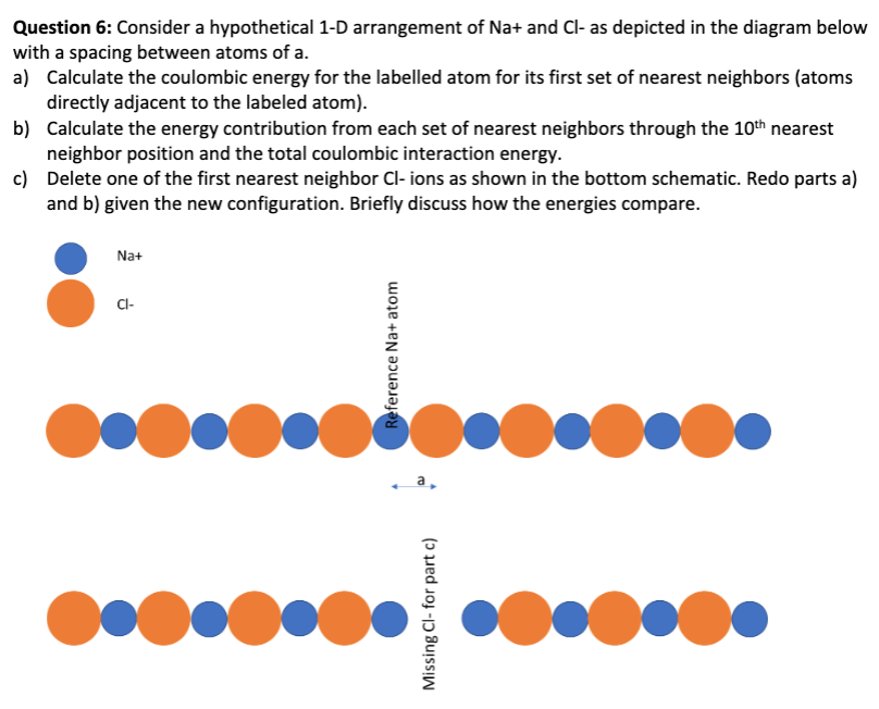 Question 6: Consider a hypothetical 1-D arrangement of Na+ and Cl- as depicted in the diagram below
with a spacing between atoms of a.
a) Calculate the coulombic energy for the labelled atom for its first set of nearest neighbors (atoms
directly adjacent to the labeled atom).
b) Calculate the energy contribution from each set of nearest neighbors through the 10th nearest
neighbor position and the total coulombic interaction energy.
c)
Delete one of the first nearest neighbor Cl- ions as shown in the bottom schematic. Redo parts a)
and b) given the new configuration. Briefly discuss how the energies compare.
Na+
CI-
Reference Na+ atom
....
Missing Cl- for part c)