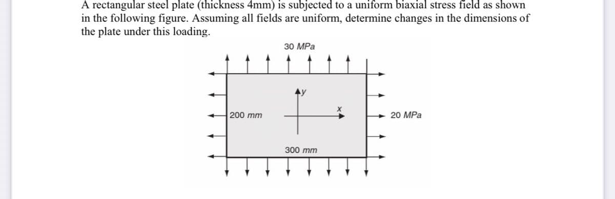 A rectangular steel plate (thickness 4mm) is subjected to a uniform biaxial stress field as shown
in the following figure. Assuming all fields are uniform, determine changes in the dimensions of
the plate under this loading.
30 MPa
200 mm
20 MPа
300 mm
