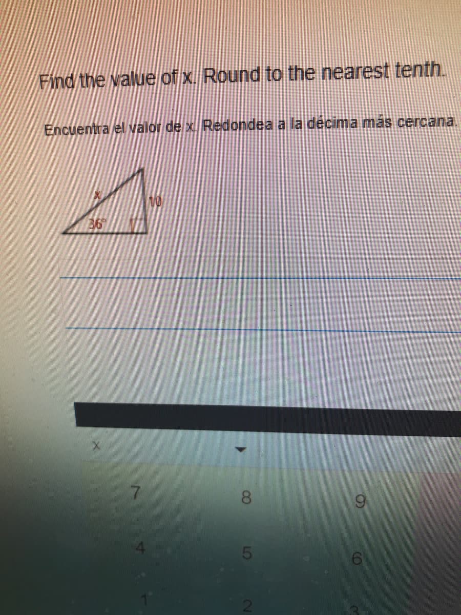 Find the value of x. Round to the nearest tenth.
Encuentra el valor de x. Redondea a la decima mas cercana.
36"
8.
CO
LO
