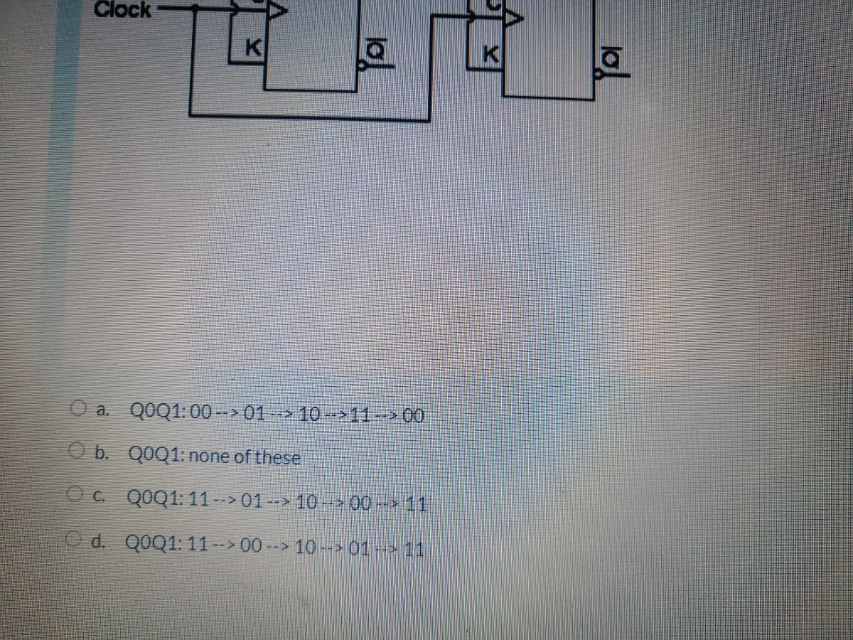 Clock
K
K
a. Q0Q1:00 -> 01 --> 10 -->11-->00
O b. Q0Q1: none of these
O c. QOQ1: 11--> 01 -> 10 ->00 --> 11
O d. Q0Q1: 11 --> 00 --> 10 --> 01--> 11
