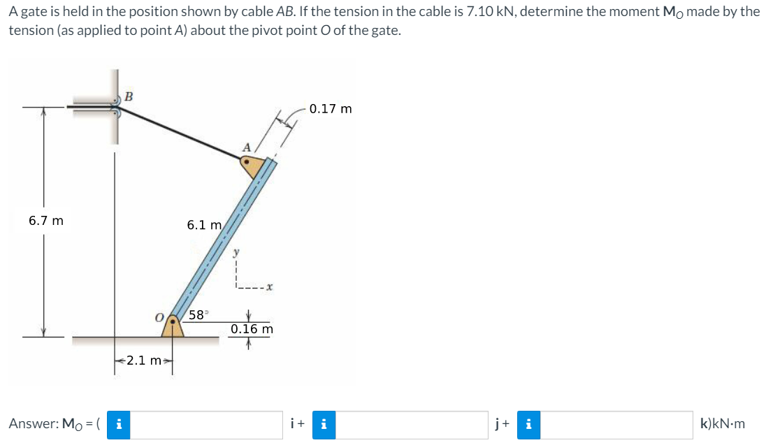 A gate is held in the position shown by cable AB. If the tension in the cable is 7.10 kN, determine the moment Mo made by the
tension (as applied to point A) about the pivot point O of the gate.
B
0.17 m
A
6.7 m
6.1 m
0658
0.16 m
2.1 m
Answer: Mo =
i
i+ i
j+ i
k)kN-m
