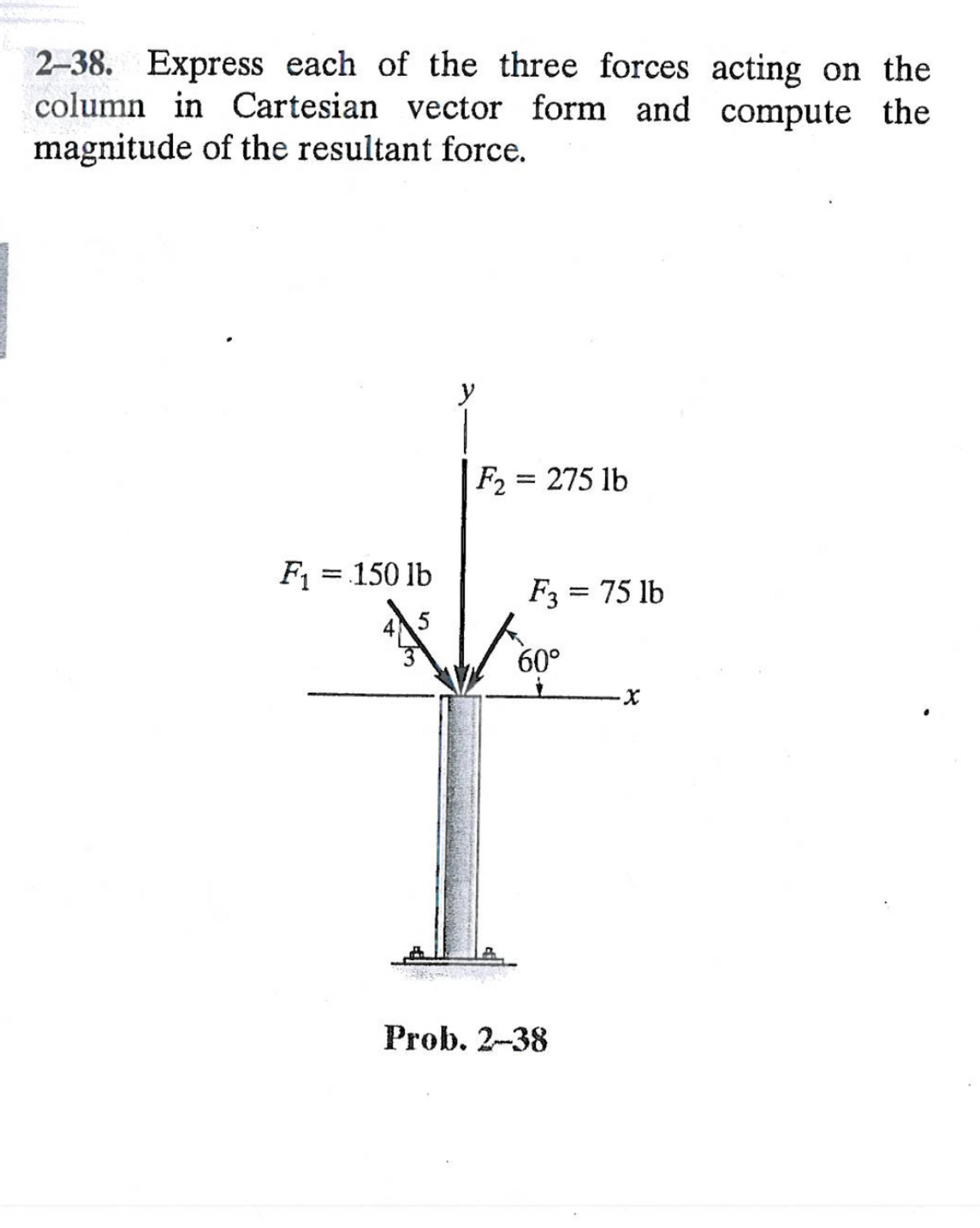 2-38. Express each of the three forces acting on the
column in Cartesian vector form and compute the
magnitude of the resultant force.
F₁ = 150 lb
5
y
F2 = 275 lb
F3 = 75 lb
60°
Prob. 2-38
-X